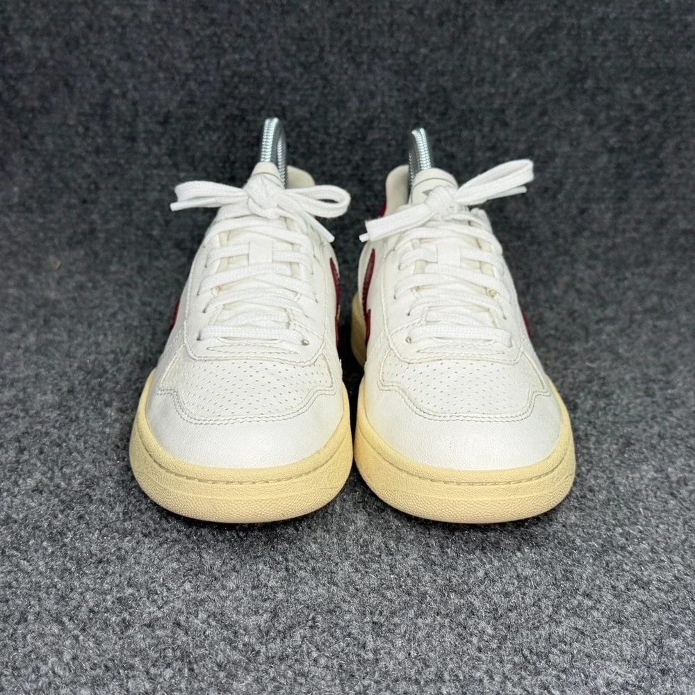 Veja V-10 Sneakers Womens 5 White Maroon Leather Low Lace Retro Athletic Sneaker
